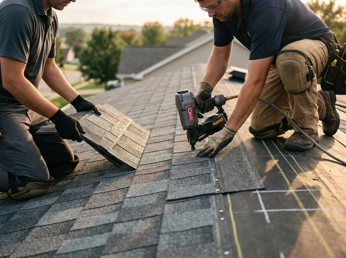 Professional roofer working on a residential roof in Middleburg